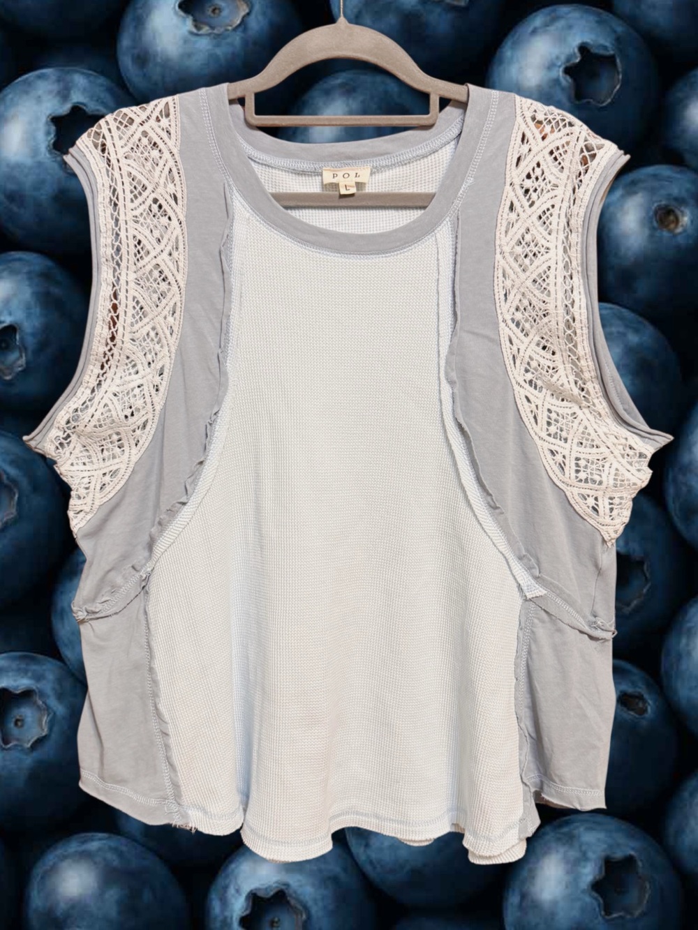 POL Light Blue Tank Top with Cream Lace Shoulders NWOT size Largr
